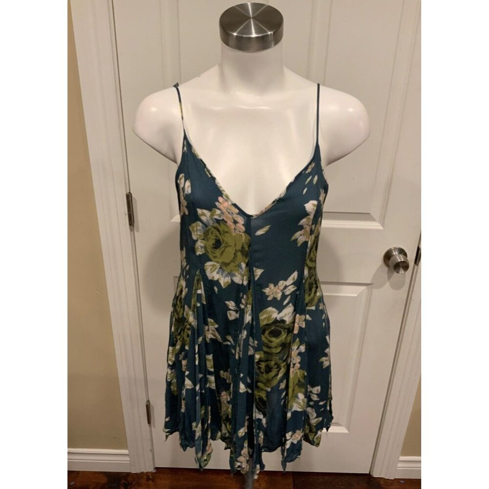 Intimately Free People Blue Green Floral Asymmetrical Hemline Tank Top, Size XS